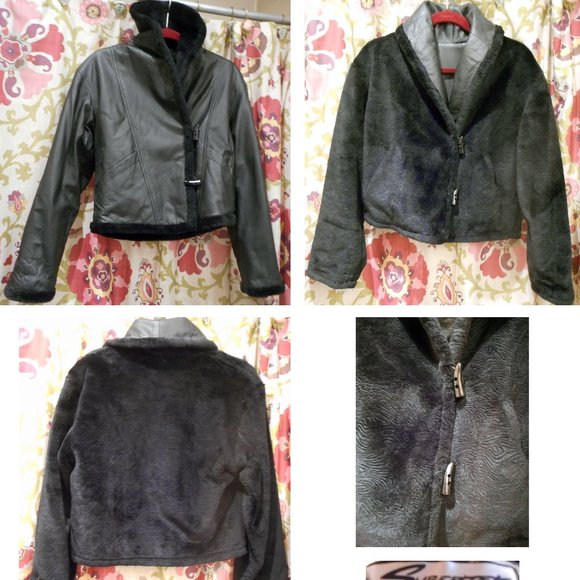 Vtg. 80's! SYBERTEK Black Leather & Faux Fur Reversible Jacket! M - Picture 2 of 2